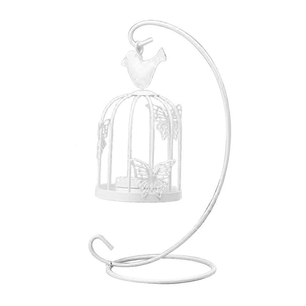 White Metal Birdcage Candle Holder with Hollow Pattern and Bird Pendant for Holding Candle Home