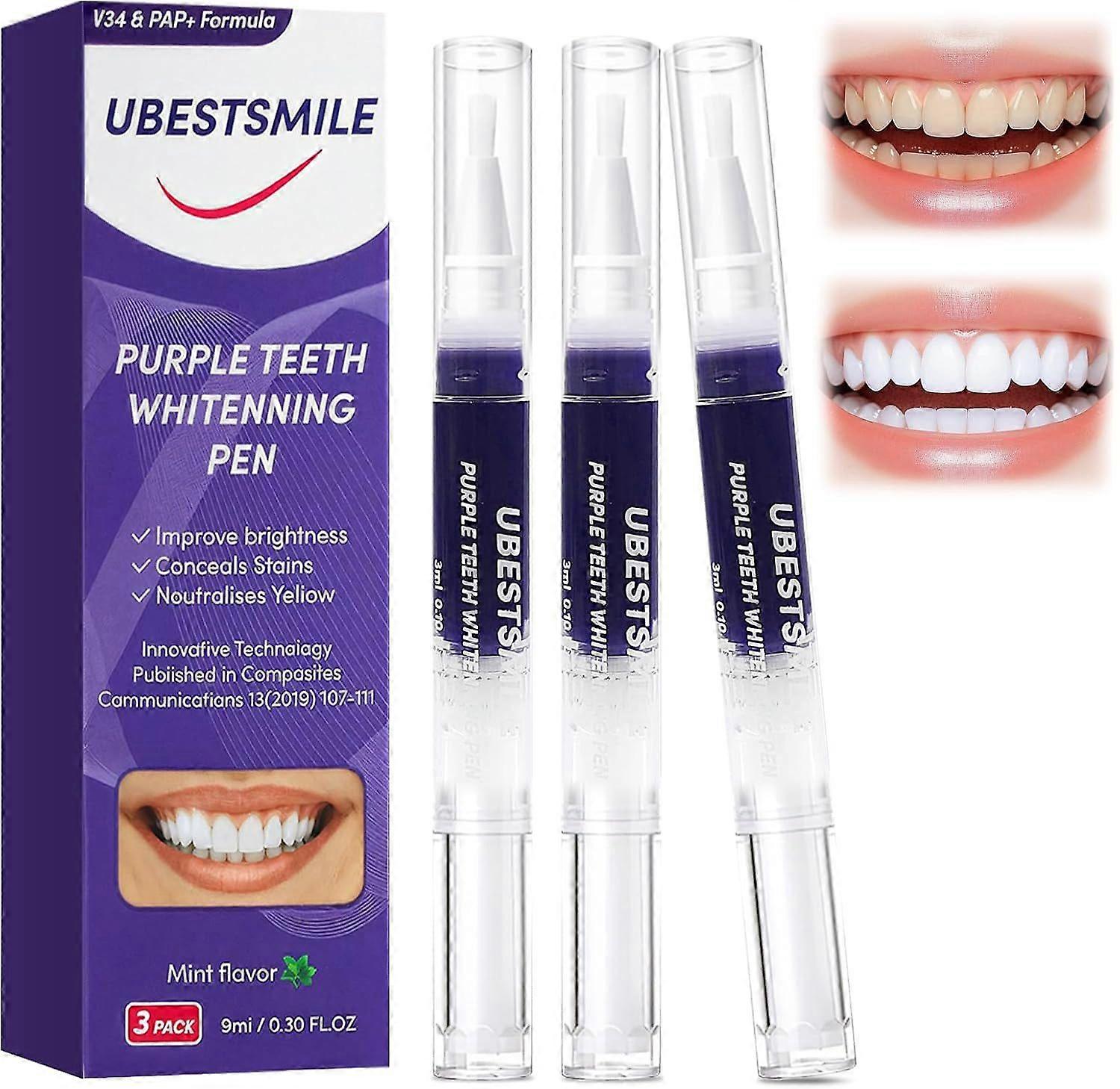 3 Pcs Purple Teeth Whitening Pencil, Professional Teeth Whitening Gel for Fast Teeth Whitening, Removes Stains Quickly, Easy to Apply at Home