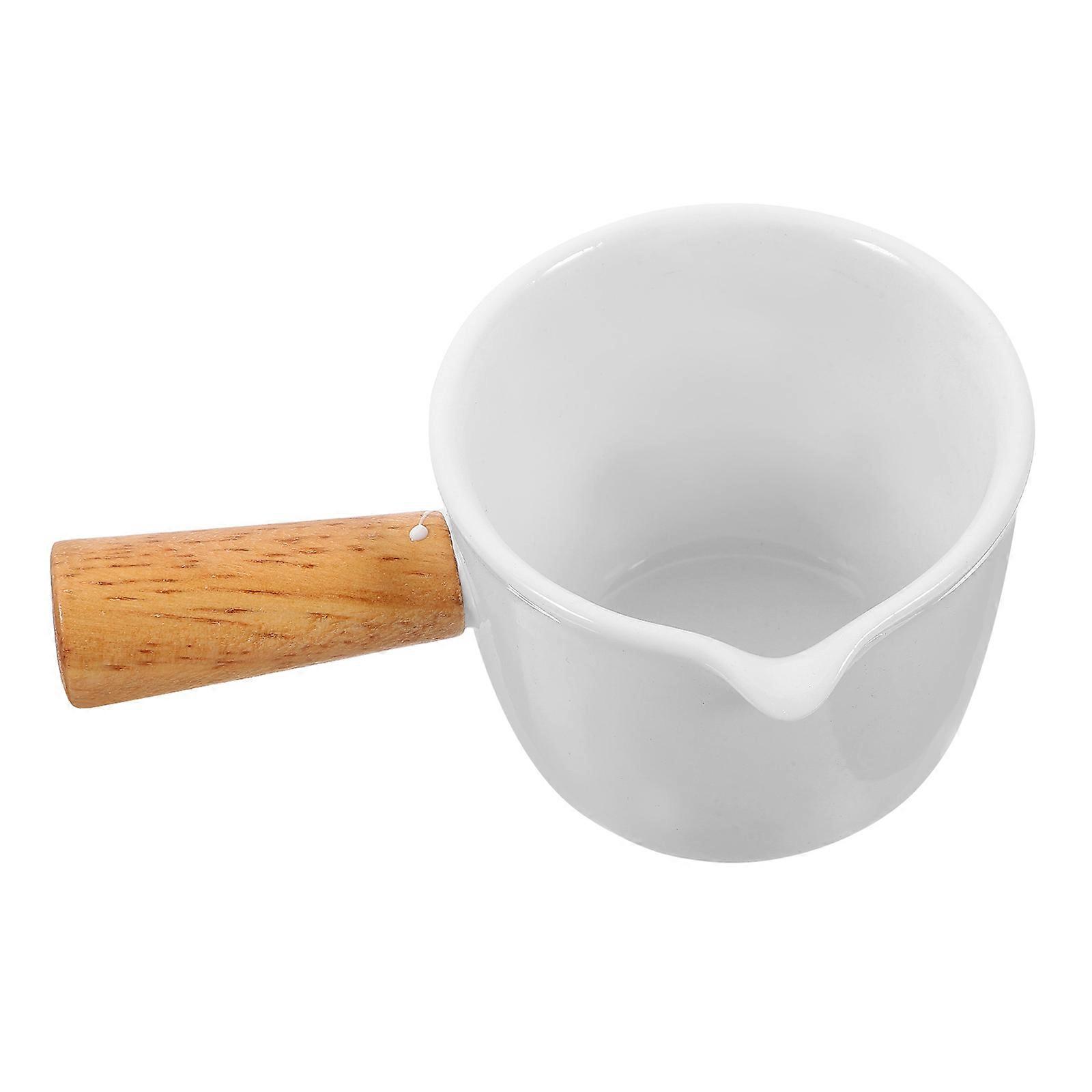 Small Ceramic Milk Pitcher With Wood Handle For Home Use Holding Cream 1Pcs