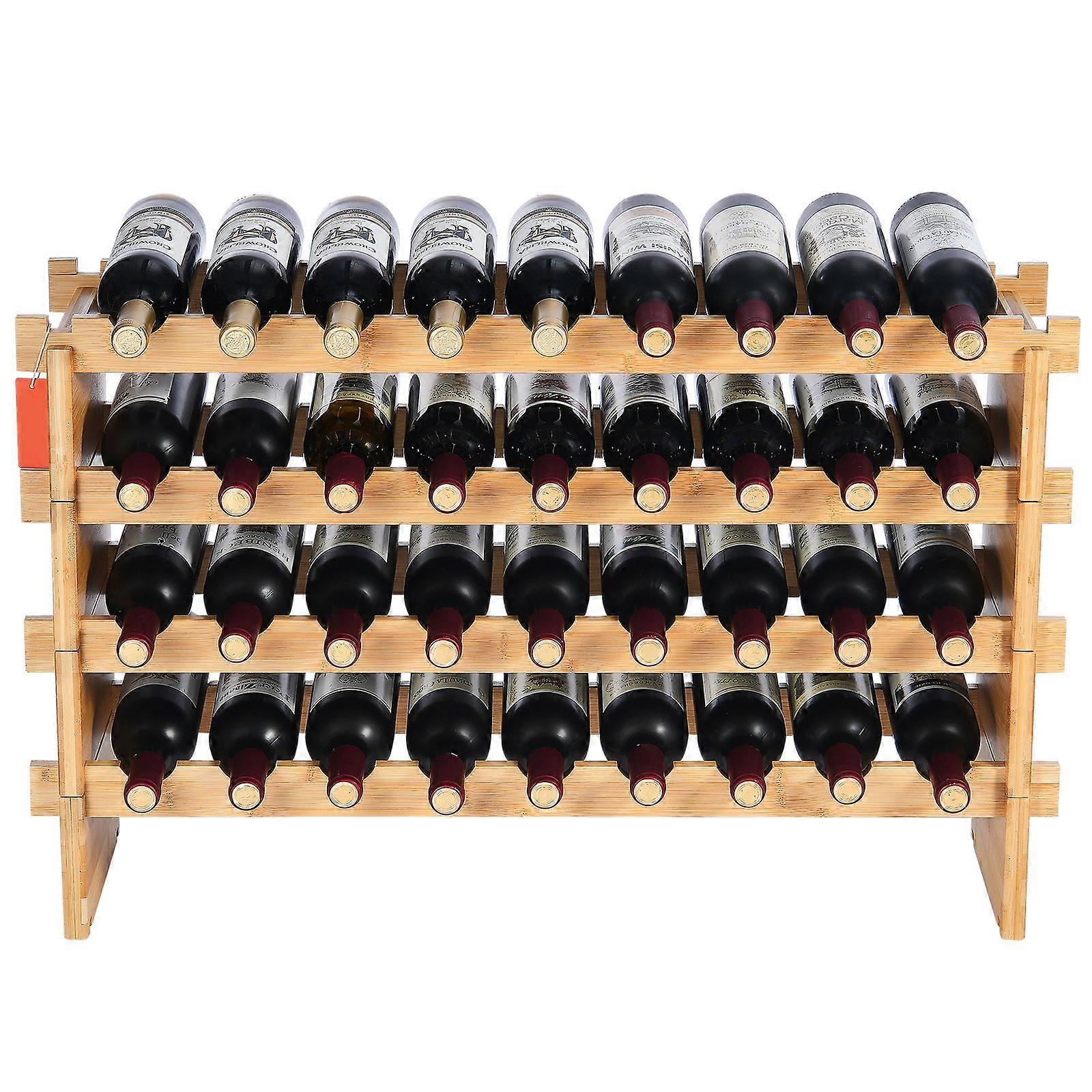 36 Bottle Stackable Modular Wine Rack, 4-Tier Solid Bamboo Wood Storage Racks for Kitchen, Bar, and Cellar, Natural Color