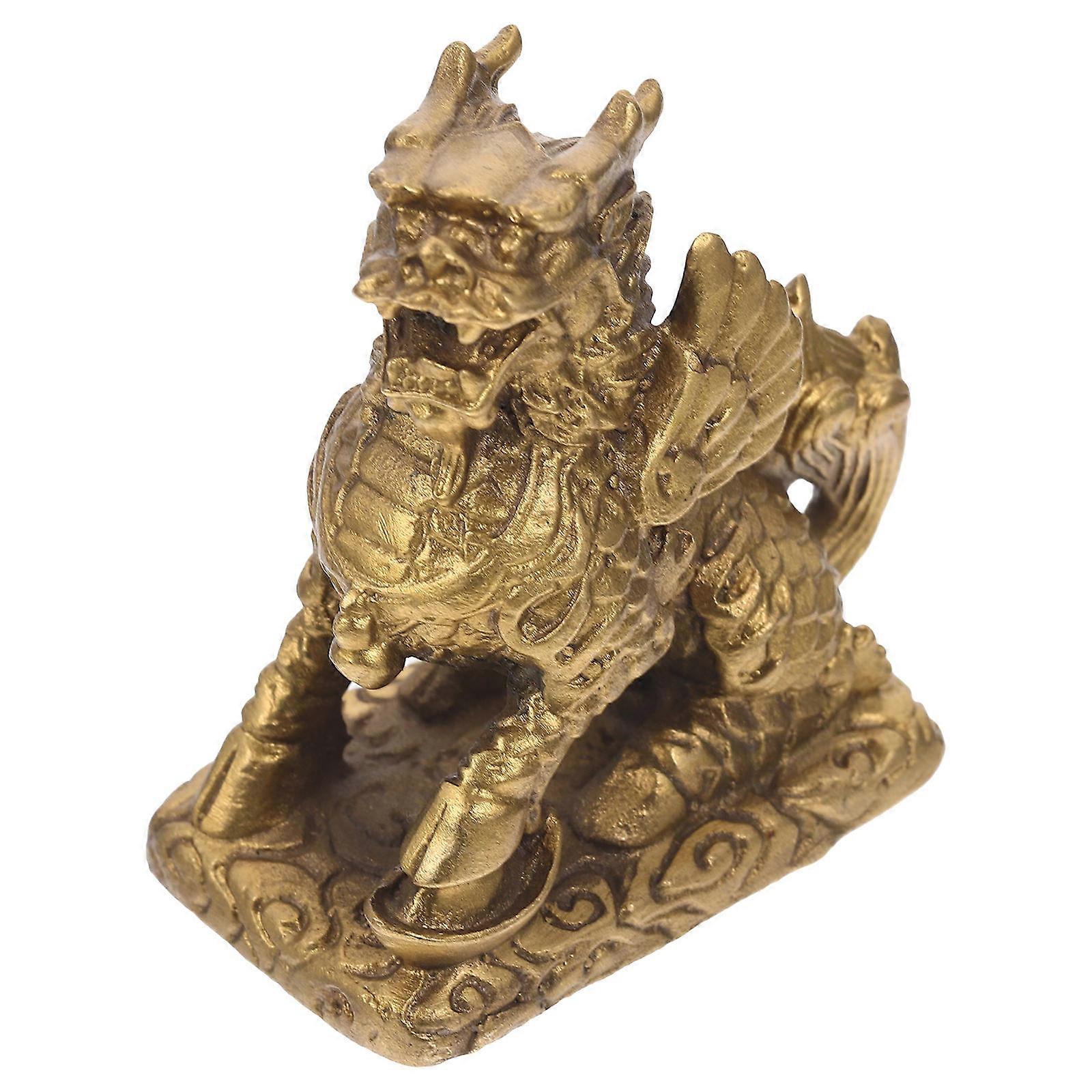 Golden Decorative Copper Kylin for Home Office Decor with Energetic Design and Smooth Finish 4.5 Inches