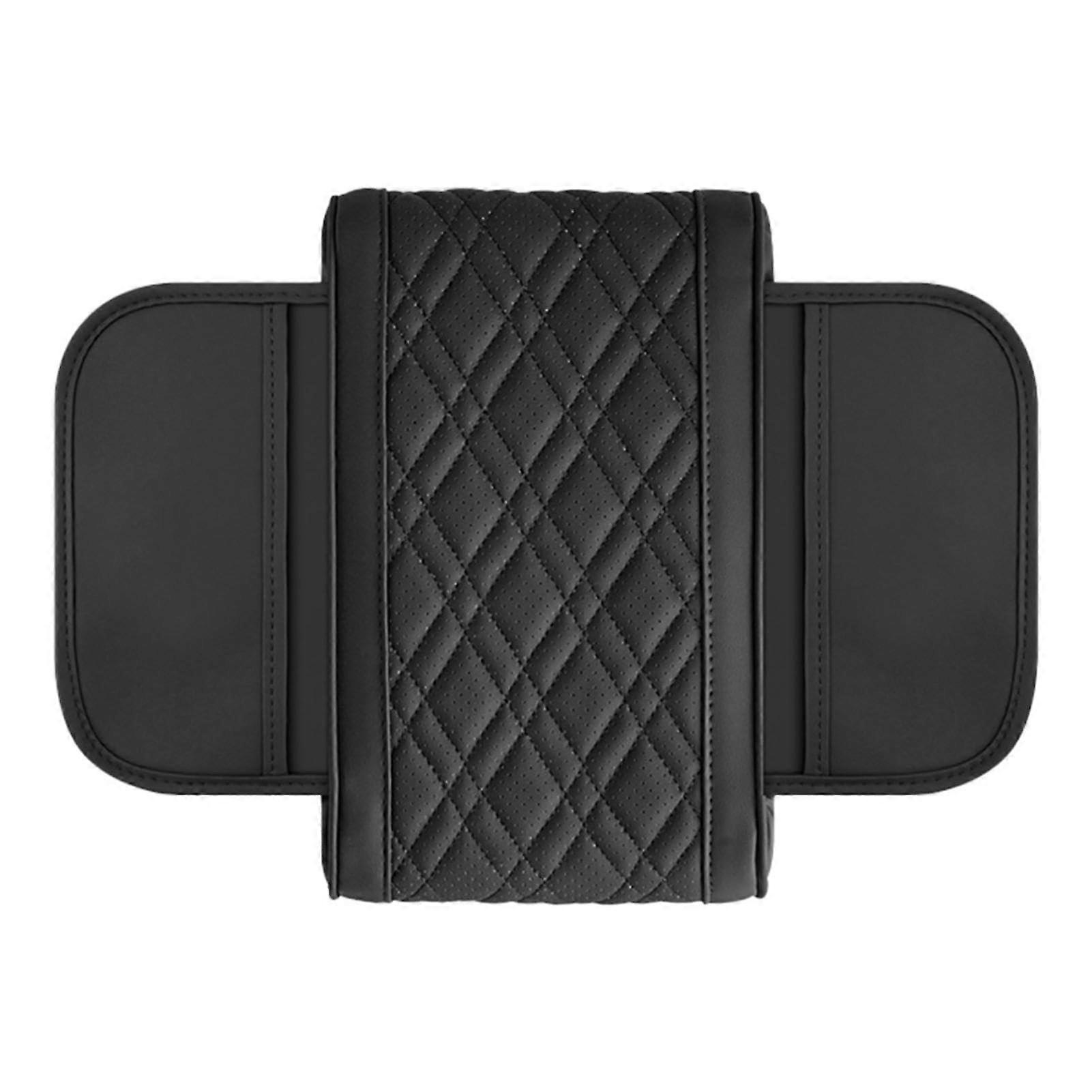 Car Armrest Cushion Black, Non-Slip Center Console Cushion with Side Pocket, Elastic Band Fixation, Scratch Resistant