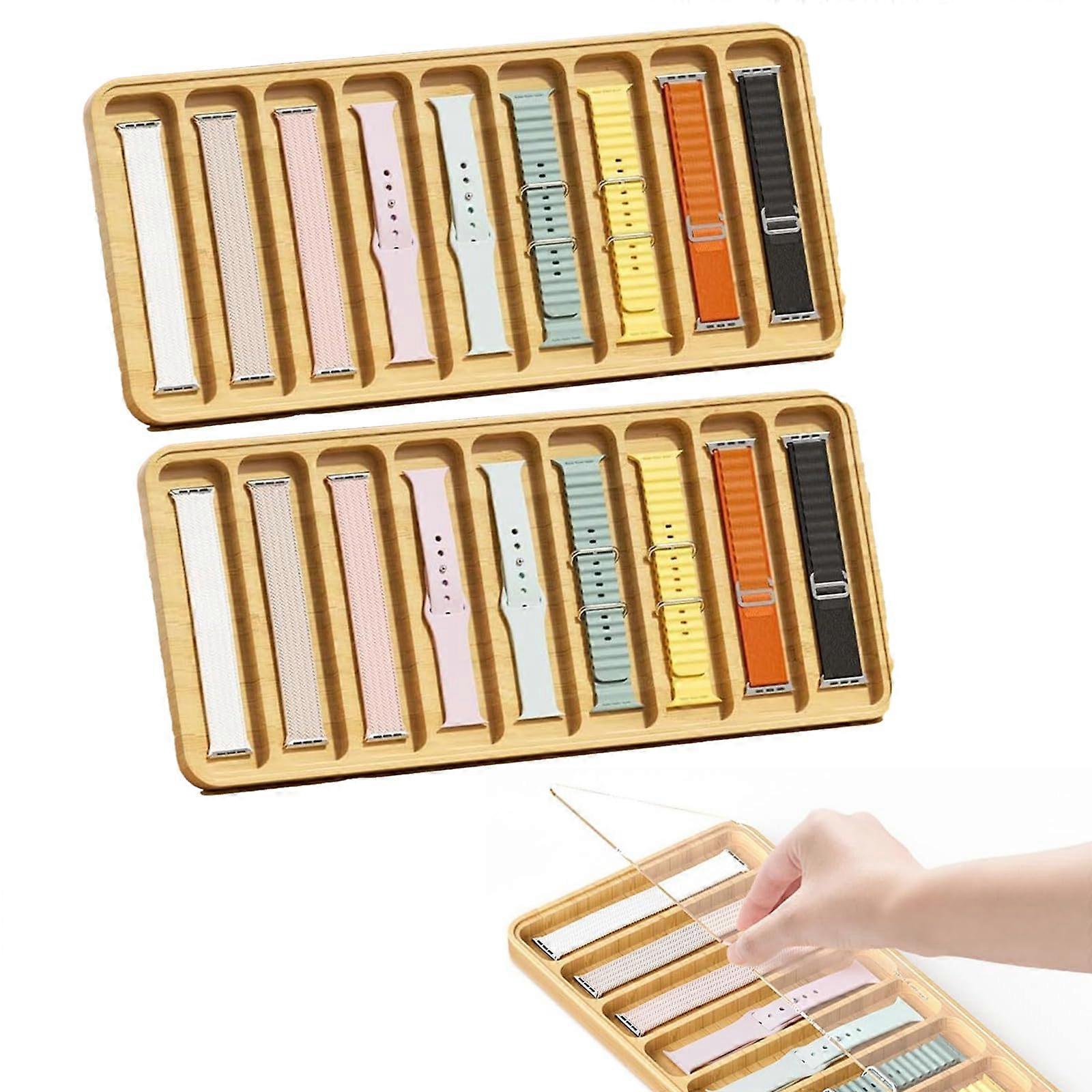 Wooden Strap Holder Stand Pack of 2, Watch Strap Organiser with 9 Compartments and Acrylic Lid, 42x19x1.5 cm for Most Watch Bands