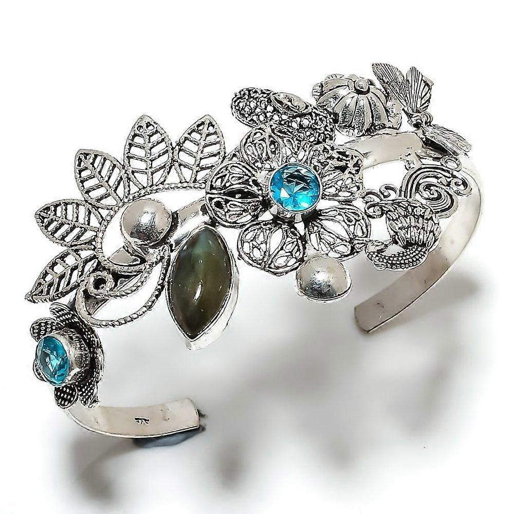 Natural Labradorite, Topaz Gemstone 925 Sterling Silver Cuff Bangle Adj. o7F81