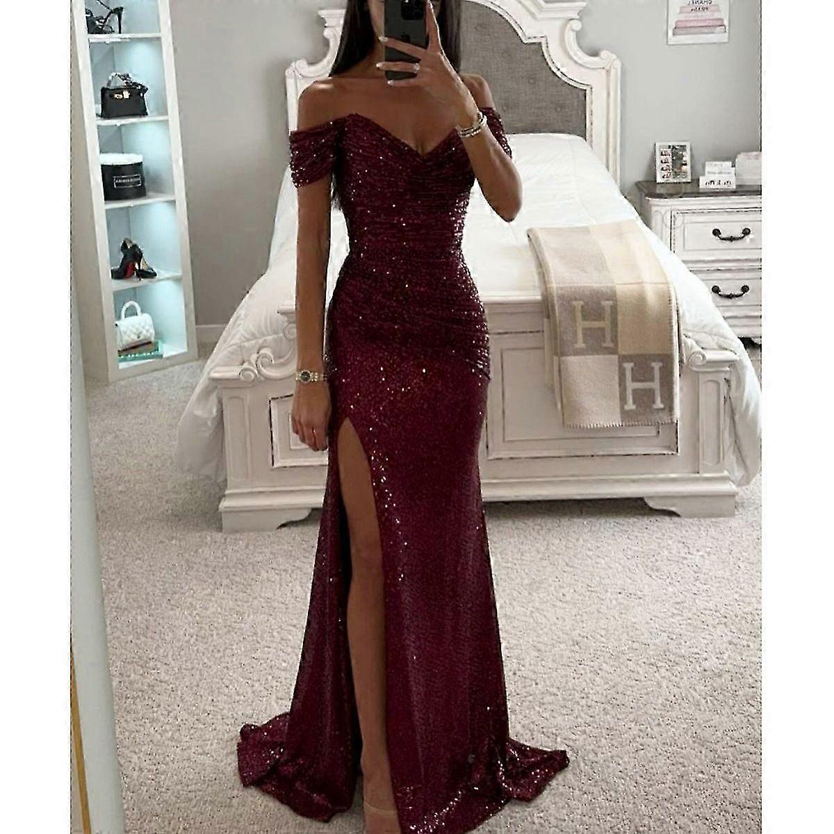 Cross Border Export Original Single-Collar Sequined Slit Evening Dr...