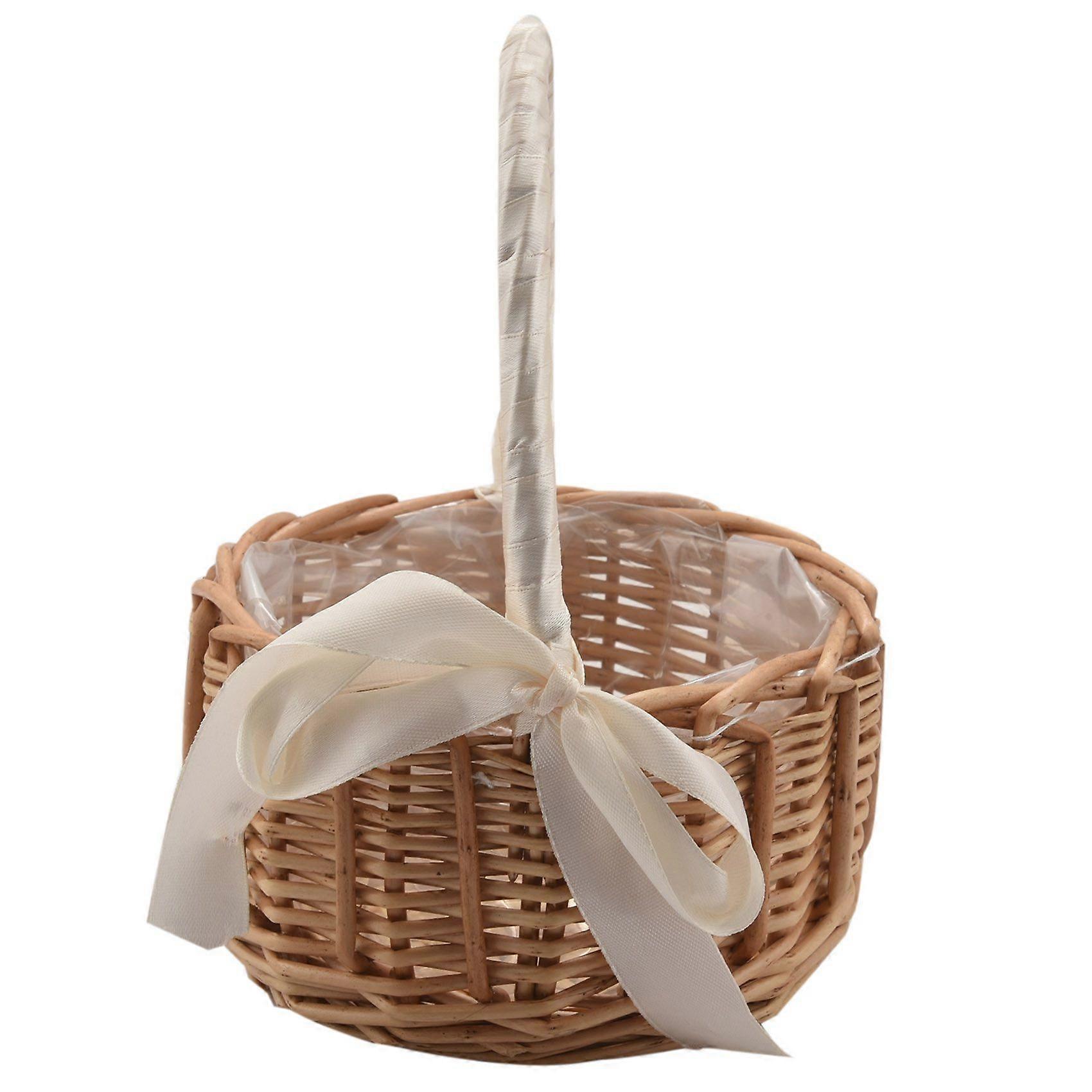 Woven Rattan Storage Basket Flower Hand Basket Handmade with Bow, S