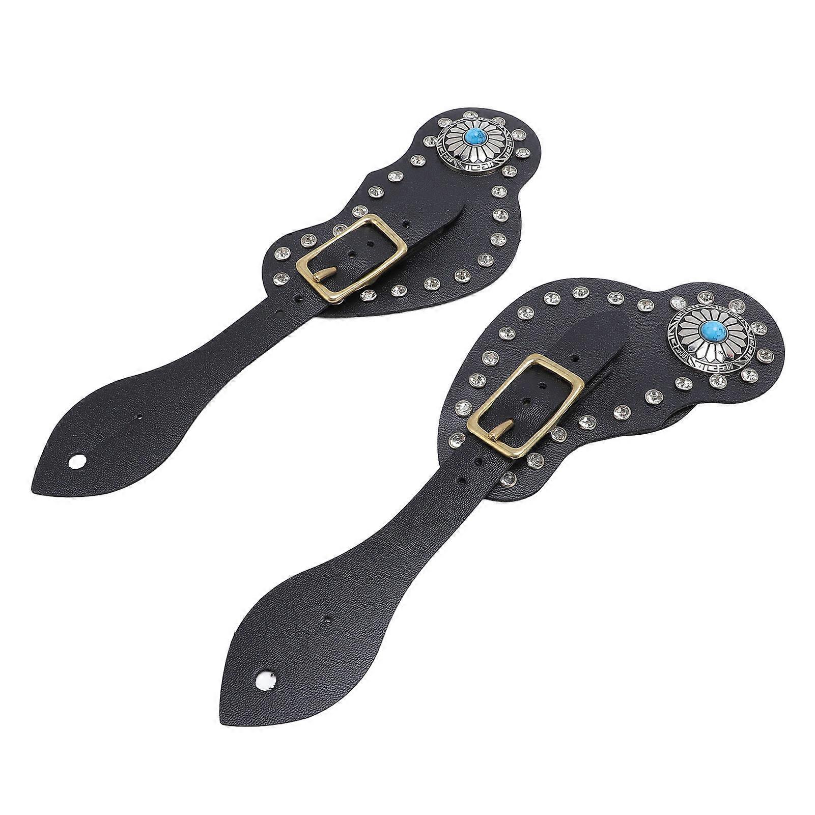 2Pcs Black Faux Leather Rhinestone Spur Strap Set Adjustable