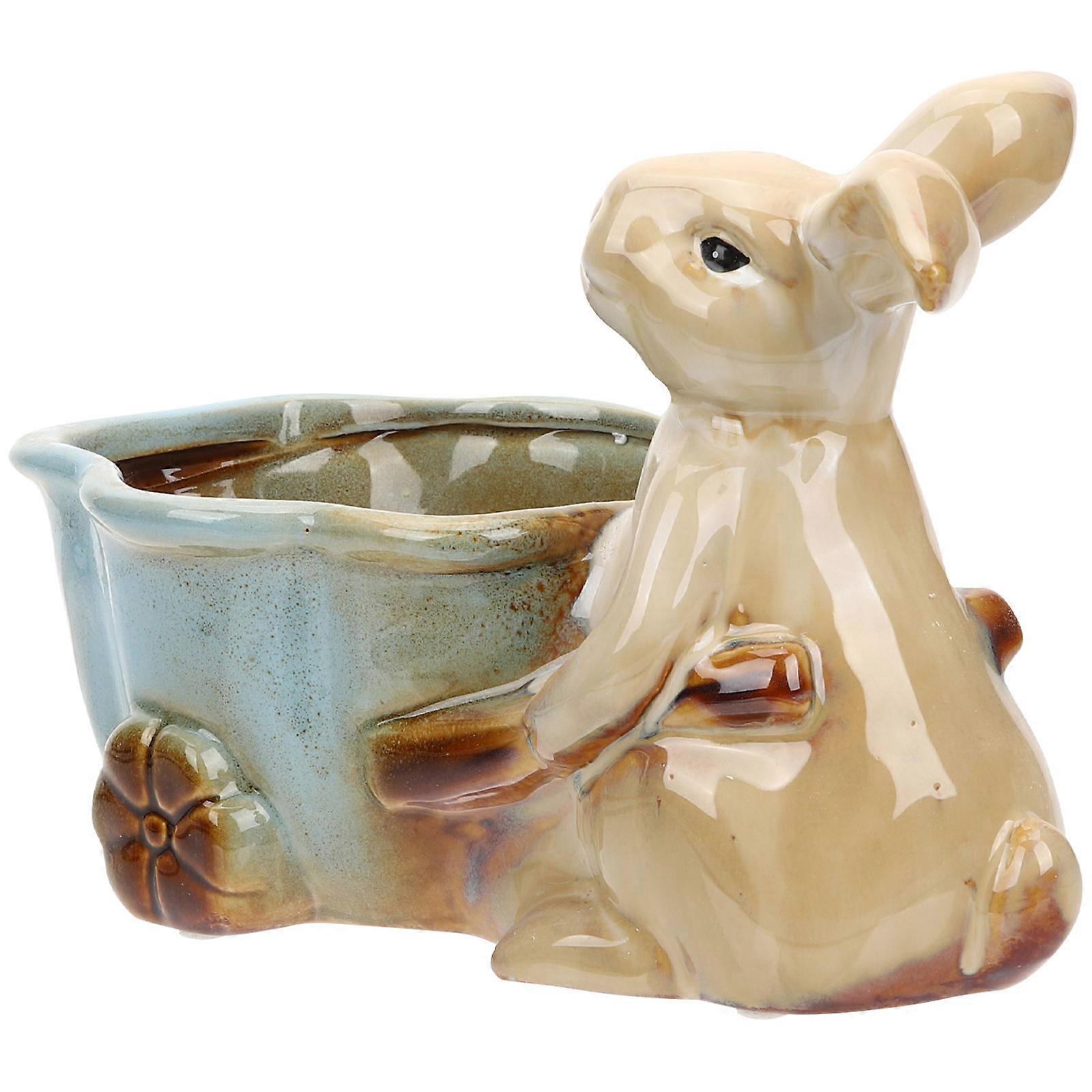 2Pcs Ceramic Tray for Storage Desktop Plate with Rabbit Figurine