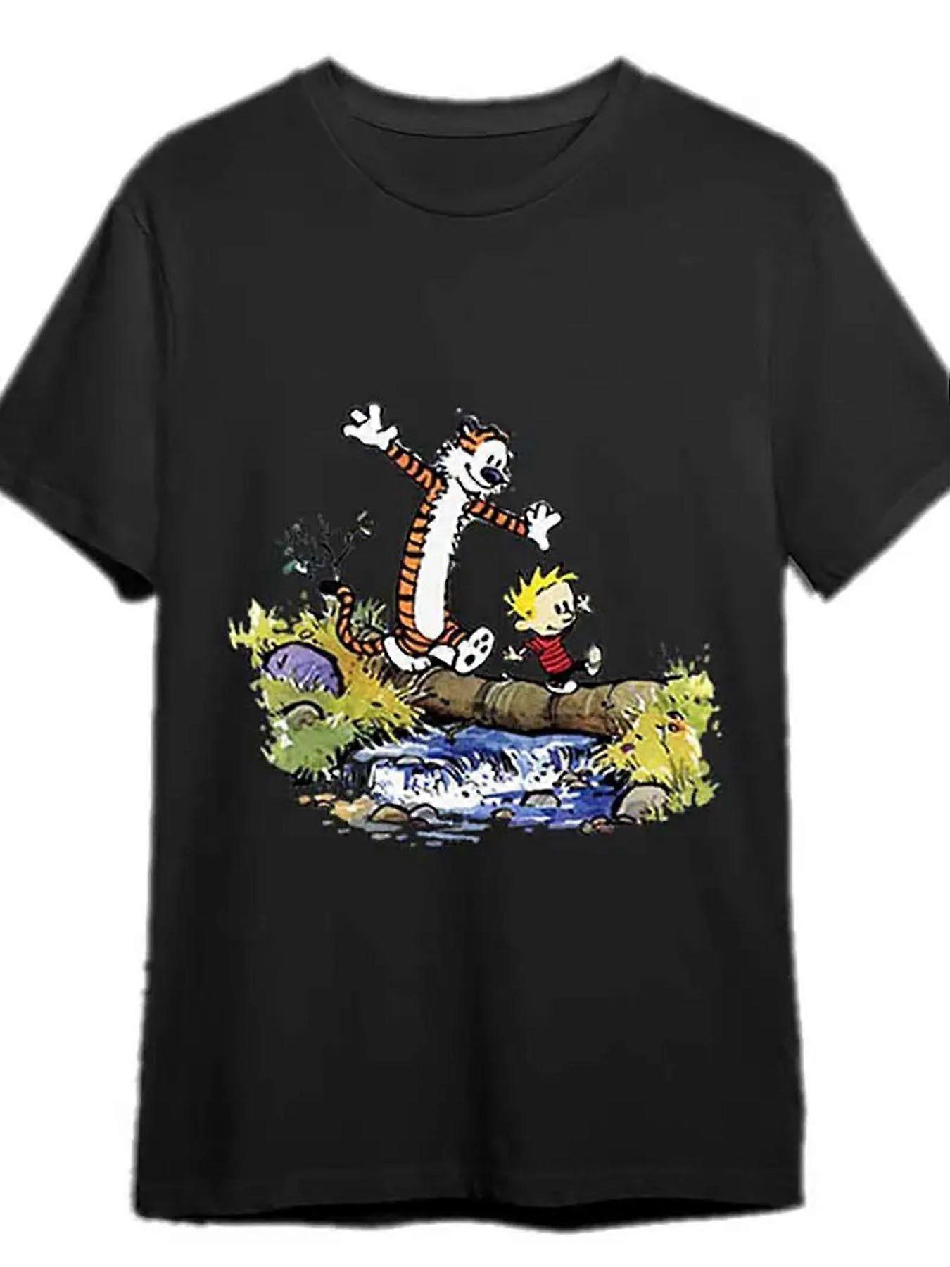 חולצת טי גרפית של Calvin & Hobbes - 100% כותנה, צווארון עגול, שרוולים קצרים, גזרה נינוחה, ניתן לכביסה במכונה - קלאסי קומיקס-Avdwq