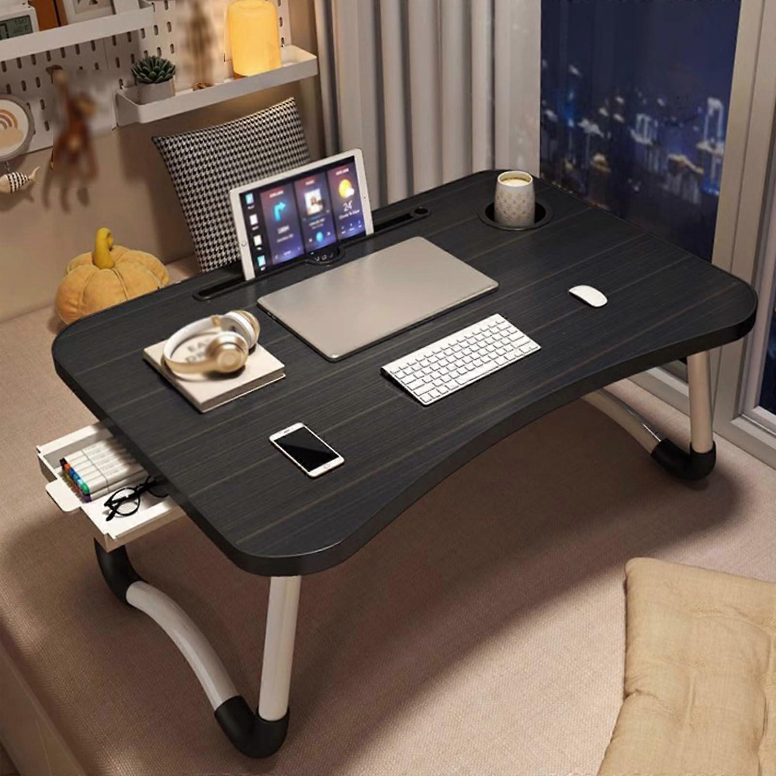 Portable Laptop Bed Desk Foldable Wooden Lap Table With Storage Drawer Adjustable Laptop Stand For Bed Black Bedside Table For Home Office