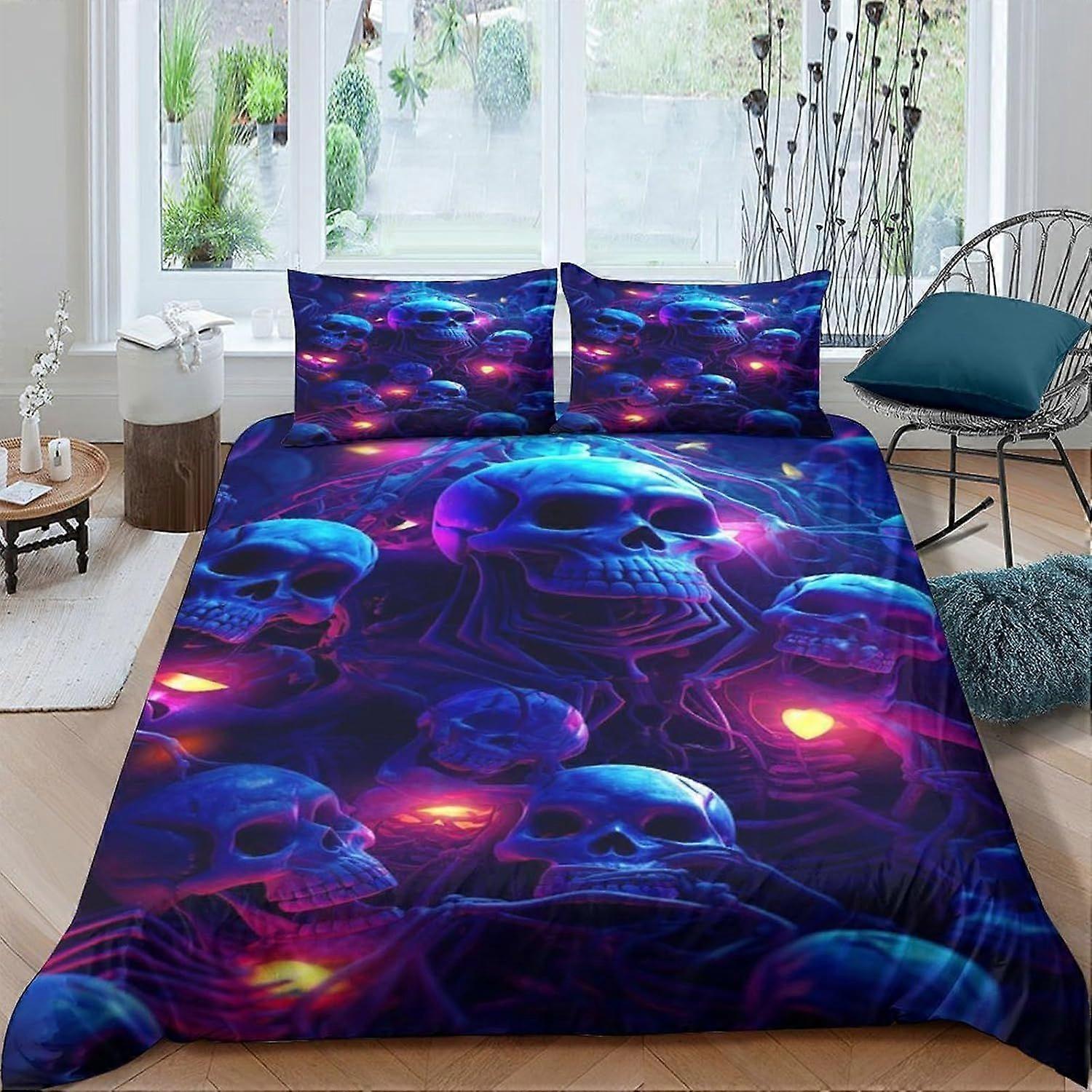 3D Printed skeleton Bedding Set for Teens neon Pattern Duvet Cover Set with Pillowcases neon Microfiber Quilt Cover with Zipper Closure Double