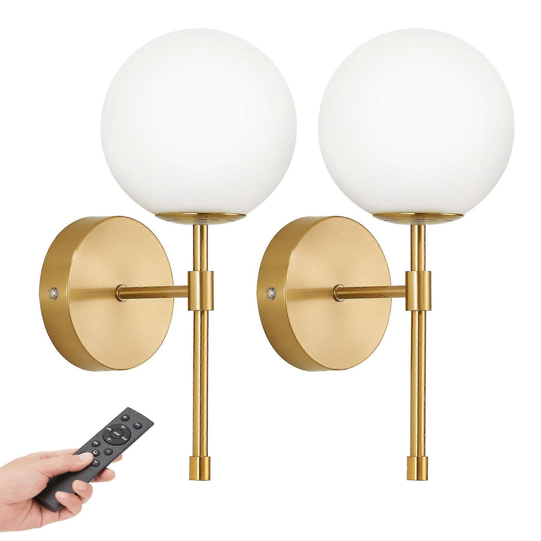 Battery Operated Wall Sconce Set of 2 with Remote, Rechargeable Gold Wireless LED Light, 3 Color Dimming