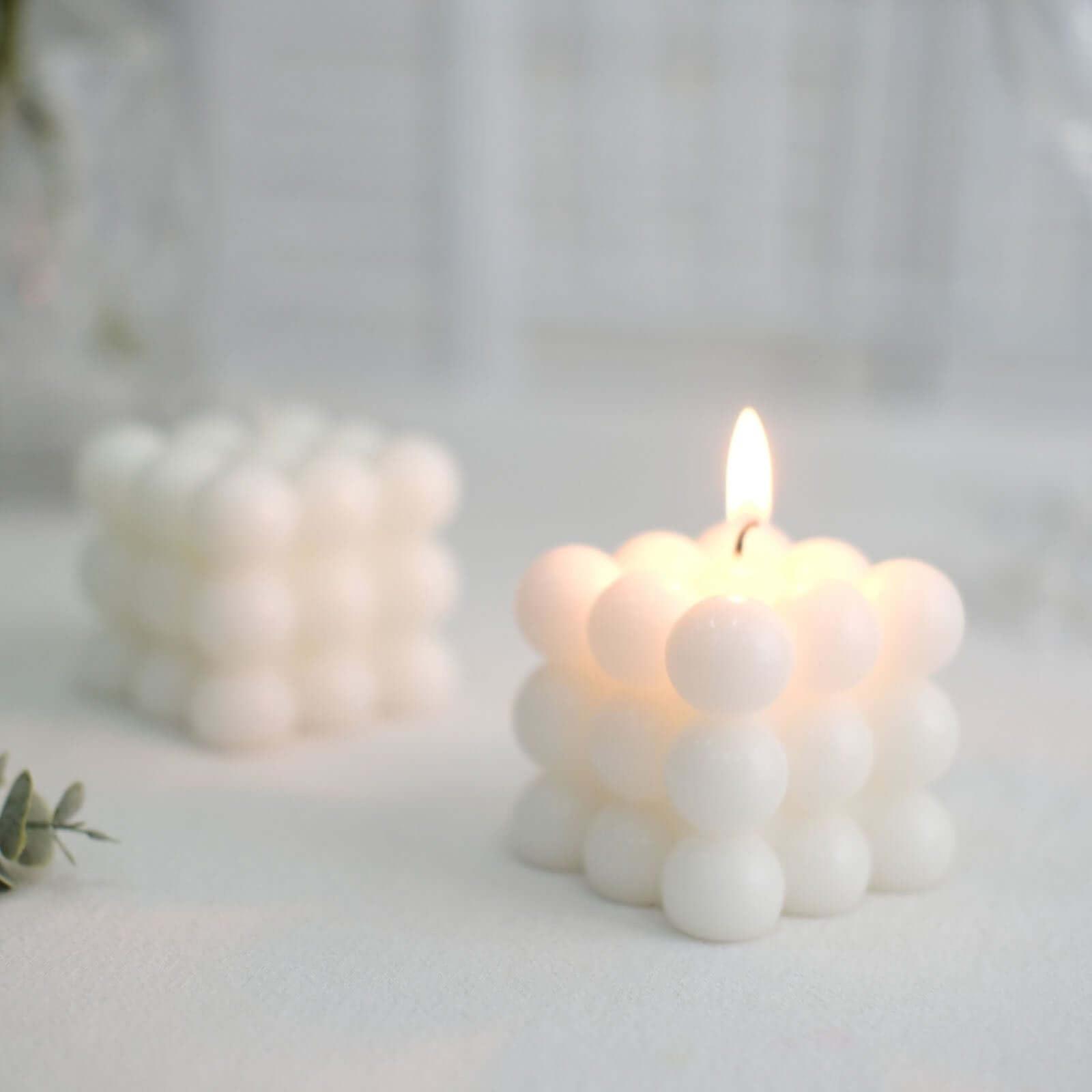 2 Pack Unscented Bubble Cube Candle White Paraffin Wax Pillar with Elegant Design Long Burn Time