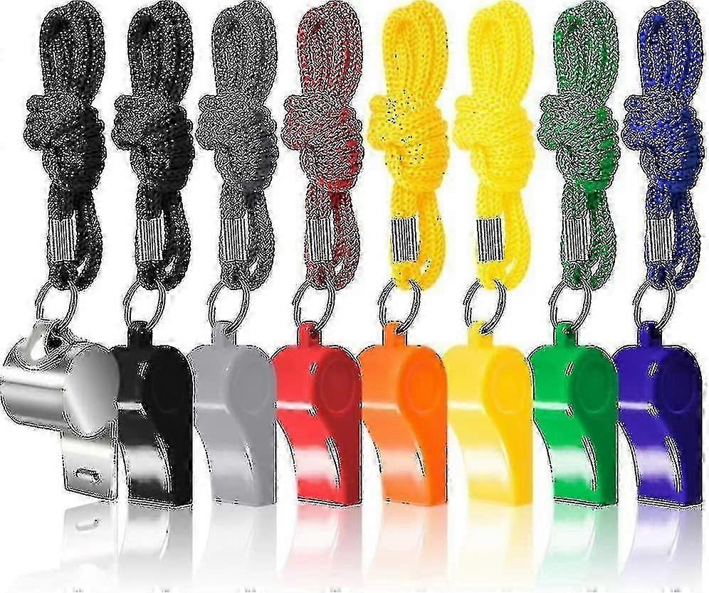 8 Pack Coach Referee Whistle With Lanyard, Colorful Plastic And Stainless Steel Football Whistle For