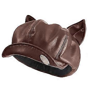 New Cat Ear Newsboy Hat Solid Color Casual Beret Hat Pu Leather Personalized Peaked Cap Ladies Women Girls