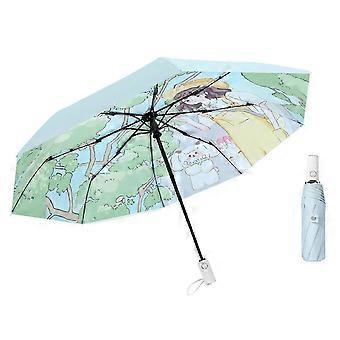 Pongee Umbrella Windproof Compact Automatic Folding Umbrella with Sun Protection, Aluminum Alloy Frame, Blue Cream Yellow Purple for Travel