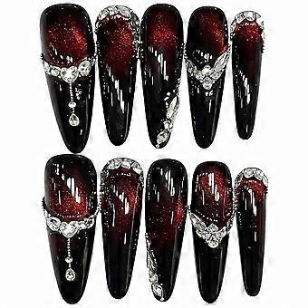 Red Cat Eye Press On Nails with Detachable Nail Tips - Handmade Zirconium Nail Art