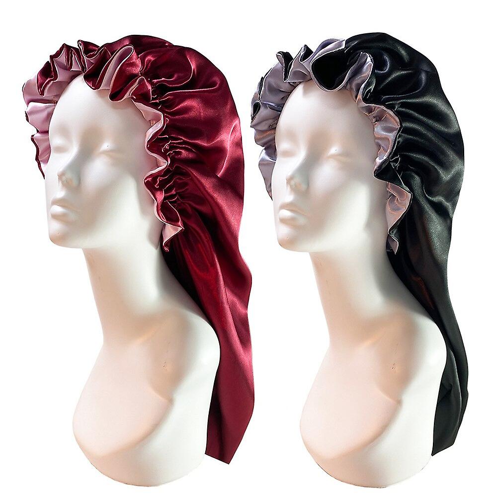 Double Layer Long Bonnet Elastic Band Satin Sileep Cap Night Cap