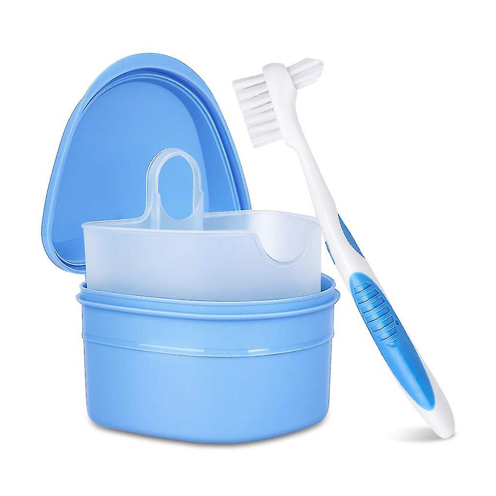 Denture Bath For Case Cup  Tooth Box Holder Storage Soak Cleaning Container With Brush