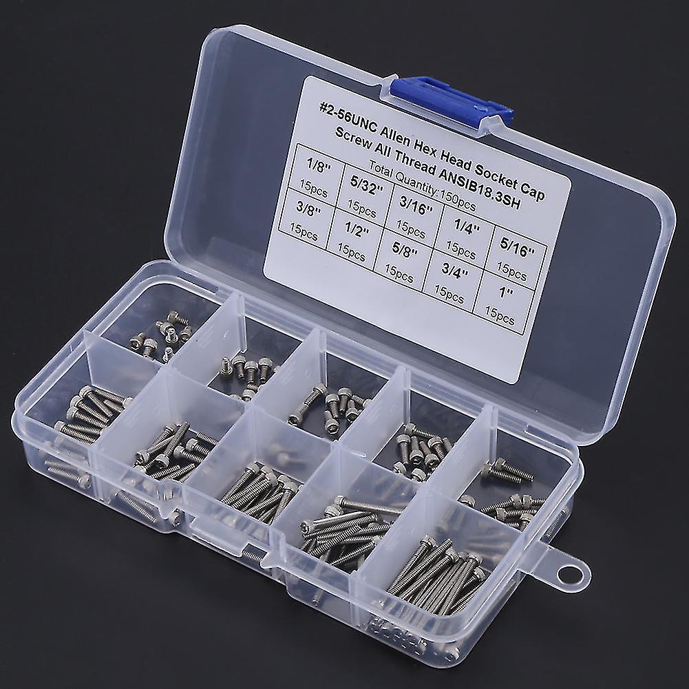 150PCS 9 Sizes Hex Socket Cap Head Screws Assortment Set with Plastic Box #2?56 UNC