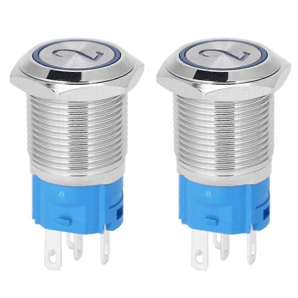 2PCS 16mm Blue LED Metal Push Button Switch, Flat Self-Reset, '2' Symbol, 24VDC