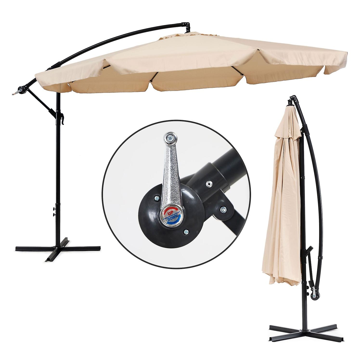 Large garden umbrella on folding arm, 3.5 m, beige