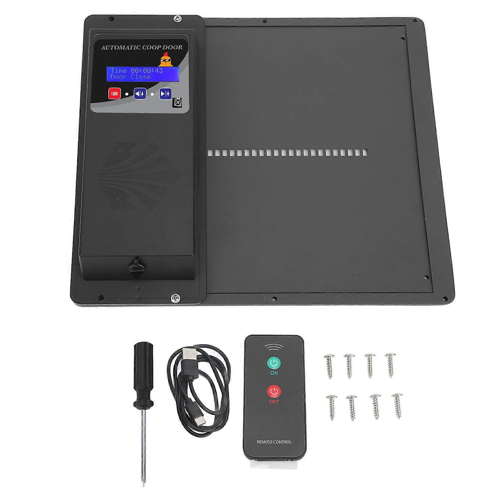 Automatic Chicken Coop Door Opener Horizontal Battery USB Powered Timing Light Sensor Remote Control LED Display Iron Auto Chicken Door Black NO.6413