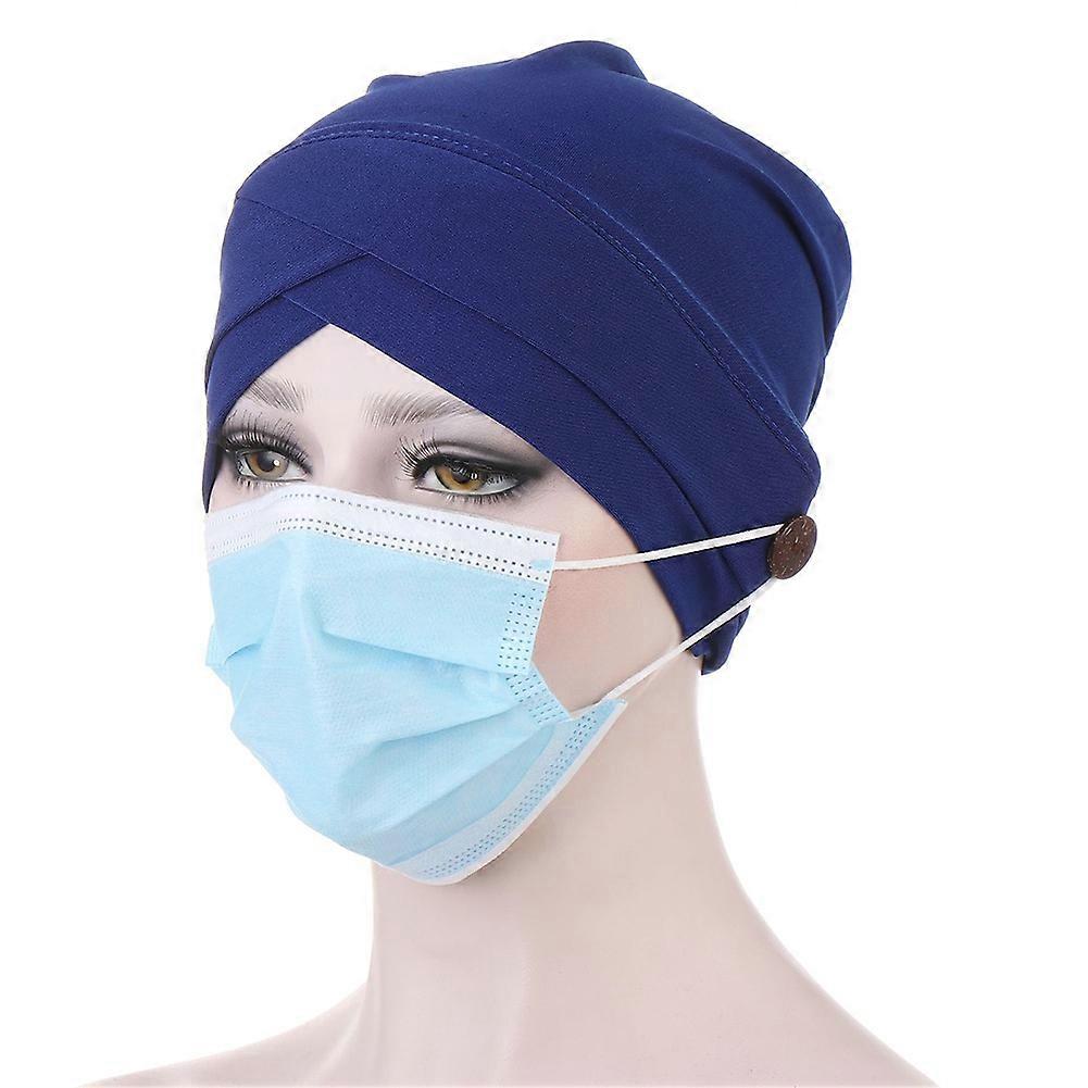 Women Solid Color Front Cross Beanie Bonnet Breathable Hat Cap with Button