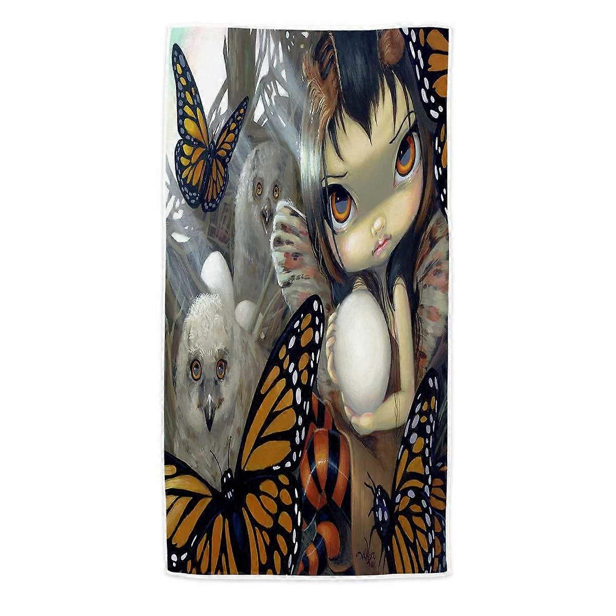 The Owl Fairy Owlyn in the Nest with Butterflies Microfiber Beach Towel