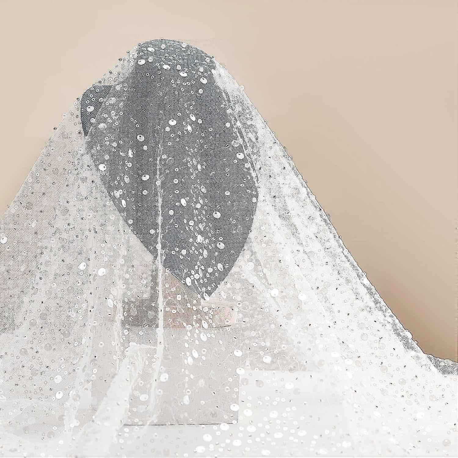 1sheet Glitter Tulle Fabric with Sequin and Beads White Ribbon Netting Fabric for Clothing Accessories