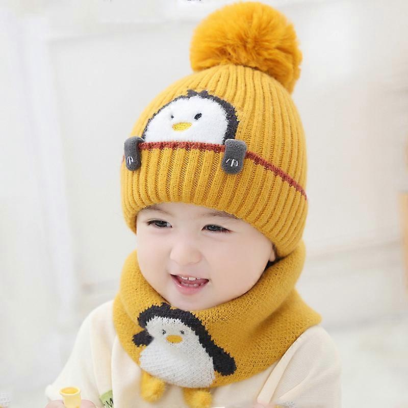 Toddler Winter Knit Beanie Hat Scraf Set, Cute Cartoon Penguin Soft Warm Infant Hat