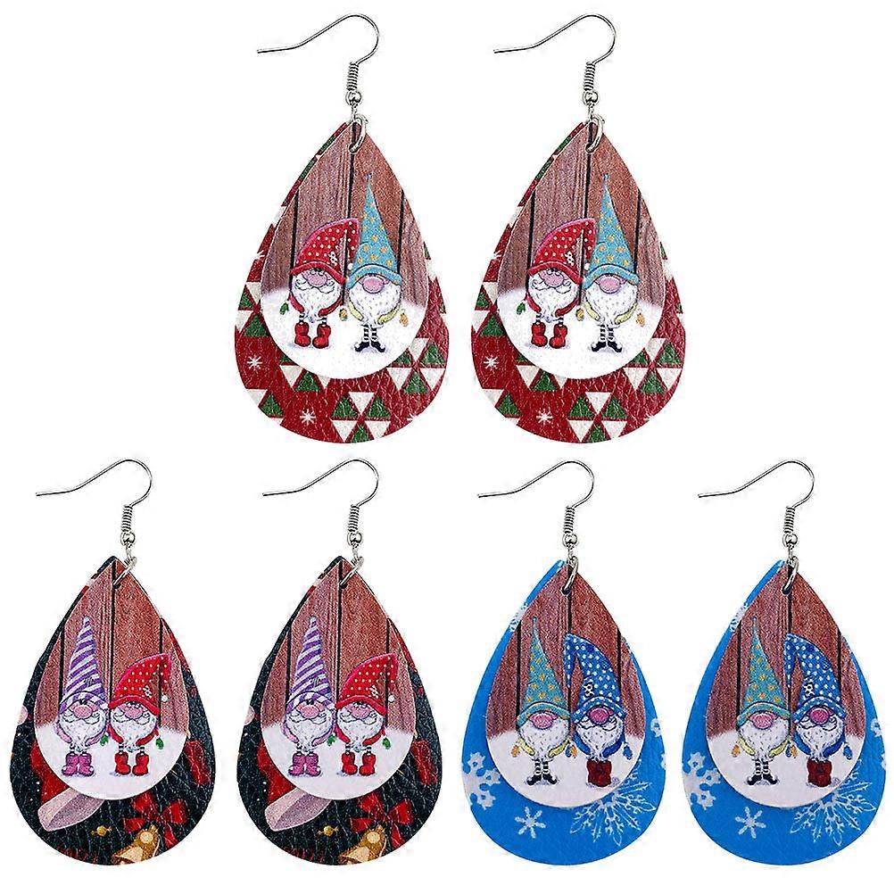 3 Pairs Xmas Leather Earrings Santa Claus Pattern Eardrops (Random Color Style)