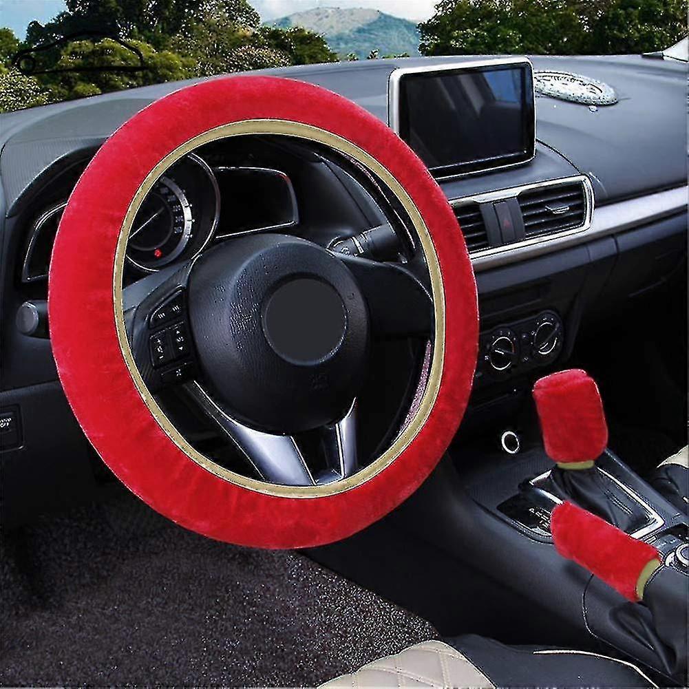 Lenkradabdeckung Plüsch, Lenkradabdeckung Winter, Handbremsschalterabdeckung und Lenkradschutz, universelle Autolenkradabdeckung, rot