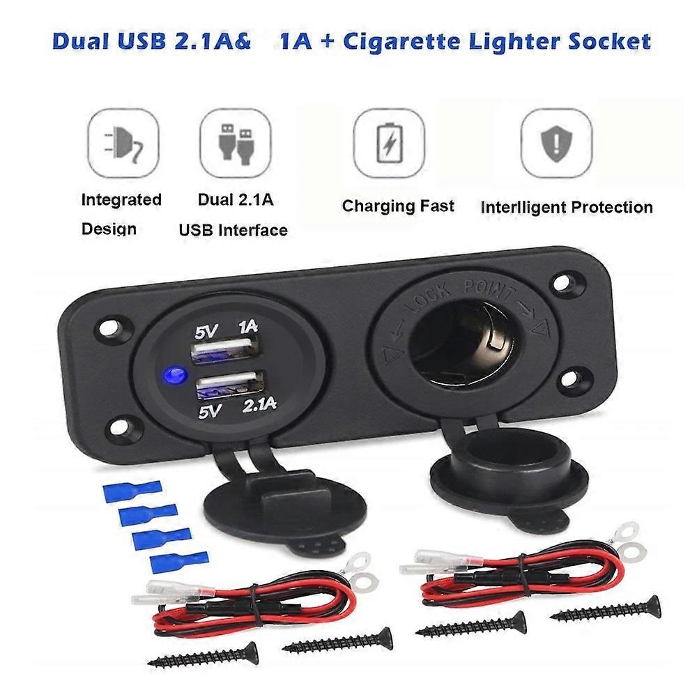 Panel de interruptor de 2 orificios para coche, barco y yate, interruptor LED azul marino, Cargador USB Dual 2.1A + 1 A con enchufe para encendedor de