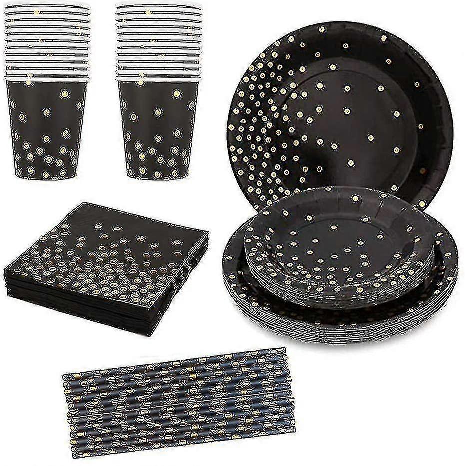 50 Pcs Party Tableware, Black Gold Party Tableware Set, Paper Plates, Napkins, Mugs, Drinking Straws