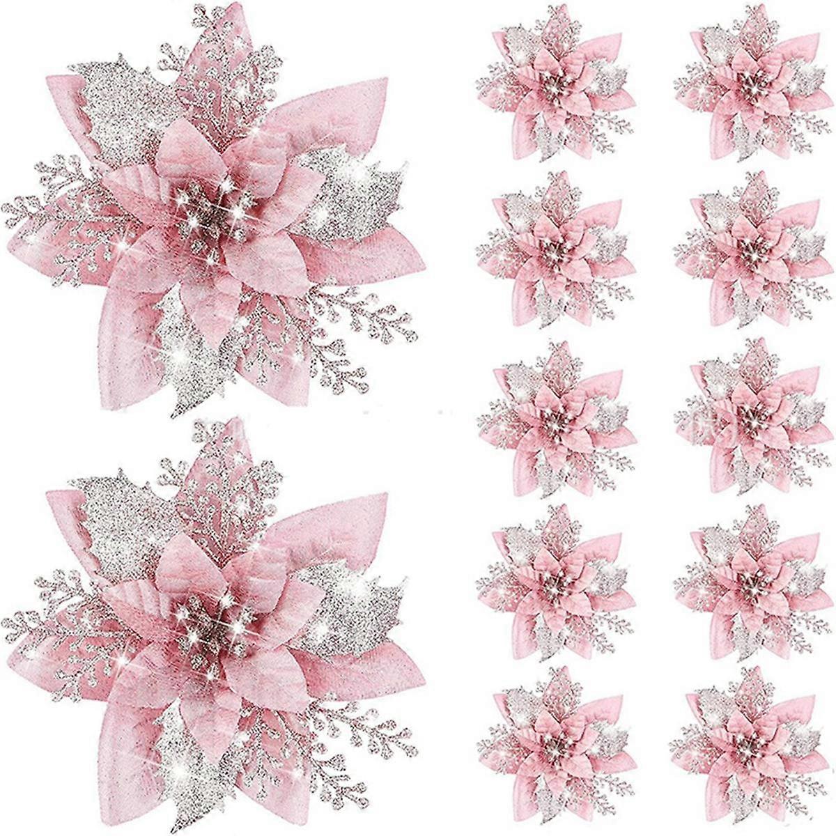 20PCS 14.5cm Glitter Artificial Christmas Flowers Merry Christmas Tree Decoration Happy New Year Or
