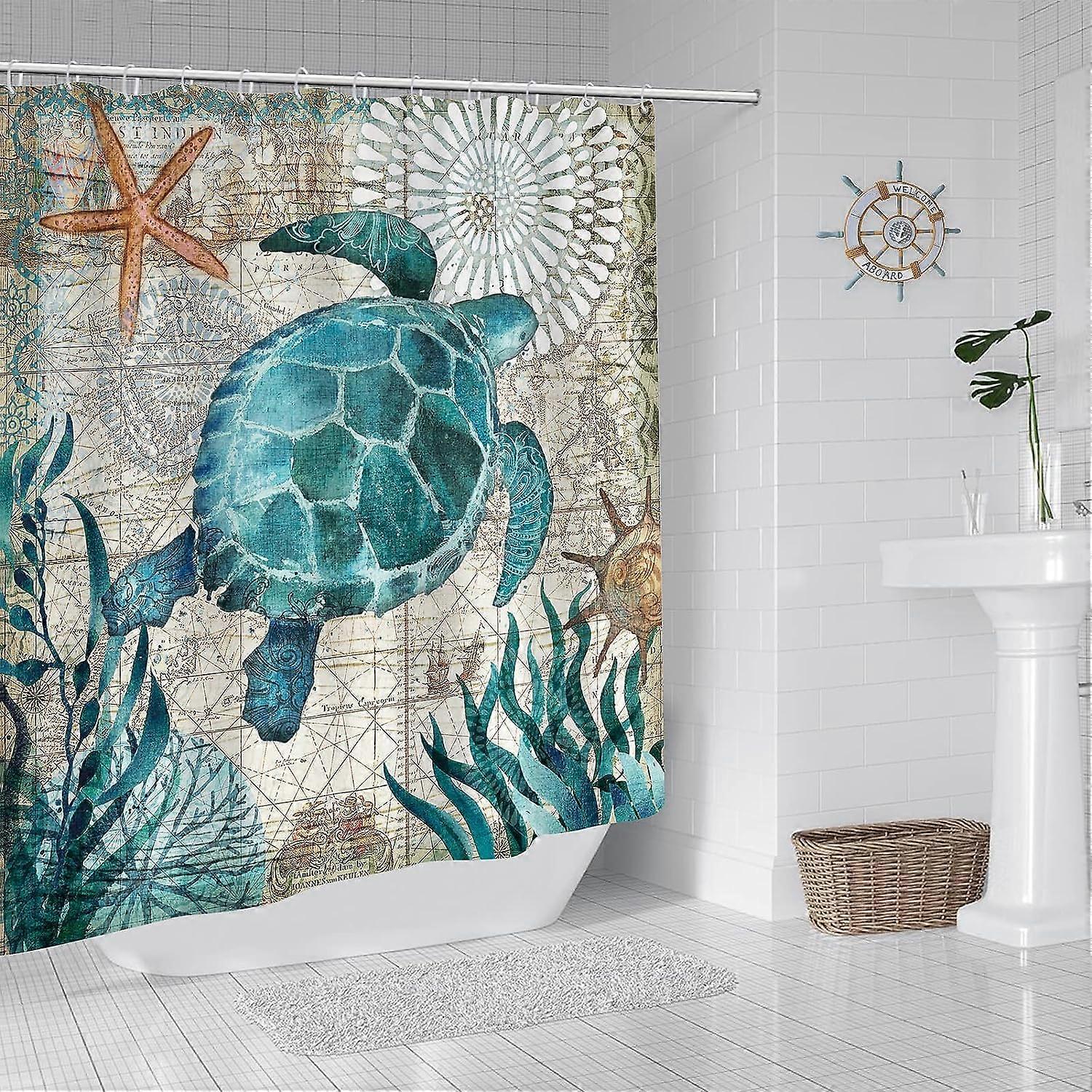 Mildew Resistant Shower Curtain Fabric Shower Curtain 180x180cm, Waterproof Washable Polyester Bathtub Bath Curtain with Hooks, Sea Turtle Pattern
