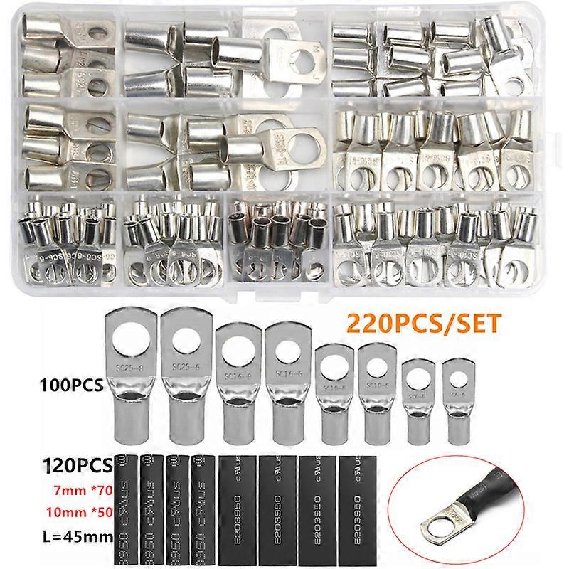 220Pcs Assortment Copper Lug Ring Car Battery Terminals Electrical Wire Crimp Connector With Cover Automotive Kits