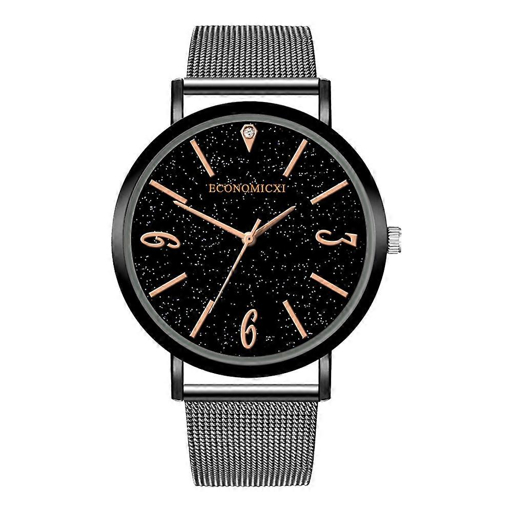 Men Male Casual Alloy Mesh Strap Wristwatch Round Dial Analog Display Quartz Watch(Black)