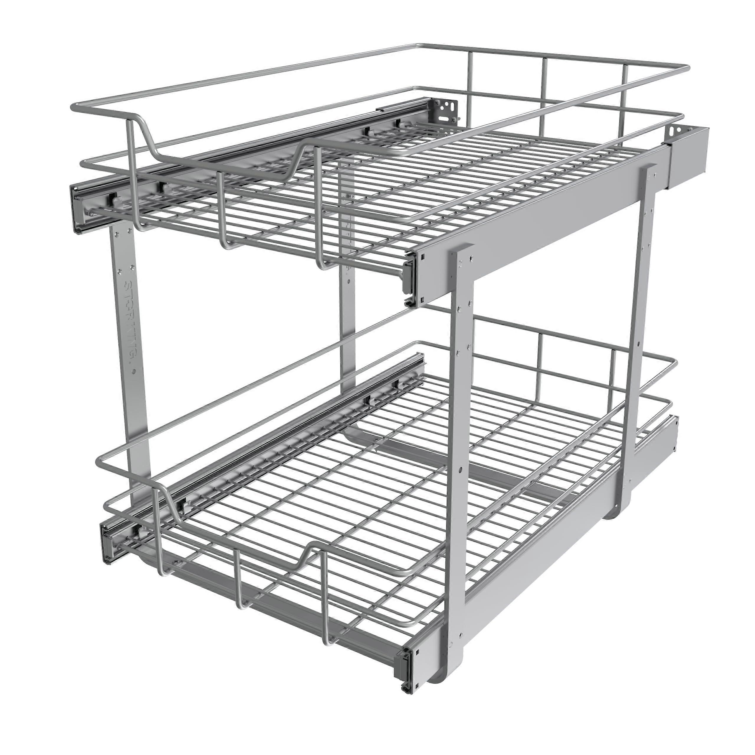 2 Tier Pull Out Cabinet Organizer for Kitchen and Bathroom Pantry, Adjustable Height, Durable Plastic, Space-Saving Design