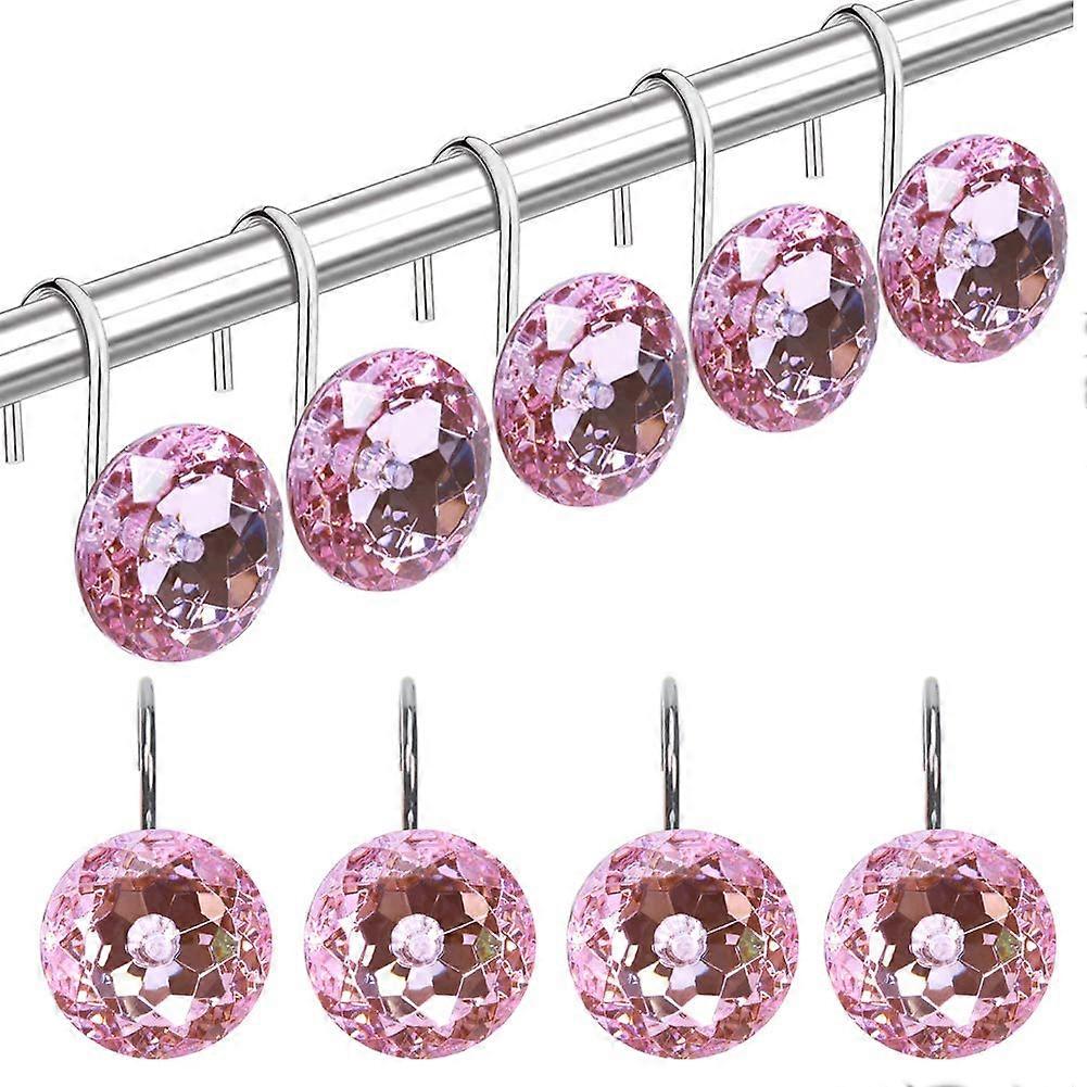 12 Pcs Pink Rhinestone Shower Curtain Hooks for Bathroom, Decorative Metal Hook Set, Easy Install, Rust-Resistant