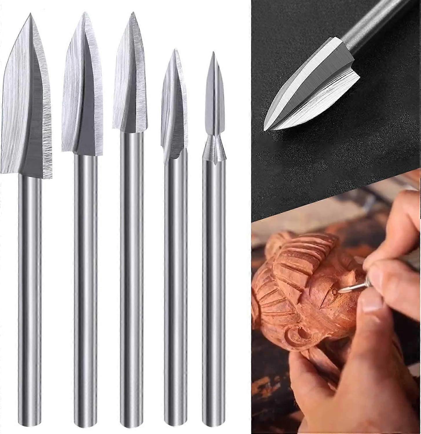 Wood Carving Rotary Tool Bit Set - 5 Piece Wood Carving Drill Bits with 1/8 Inch Shank for DIY Woodworking and Engraving