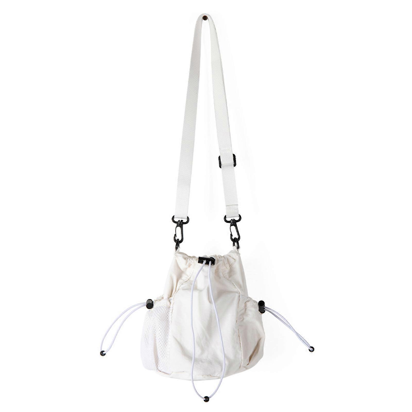 Multi Purpose Nylon Drawstring Bucket Bag With Adjustable Shoulder Strap Crossbody Purse For Trendy Ladies White