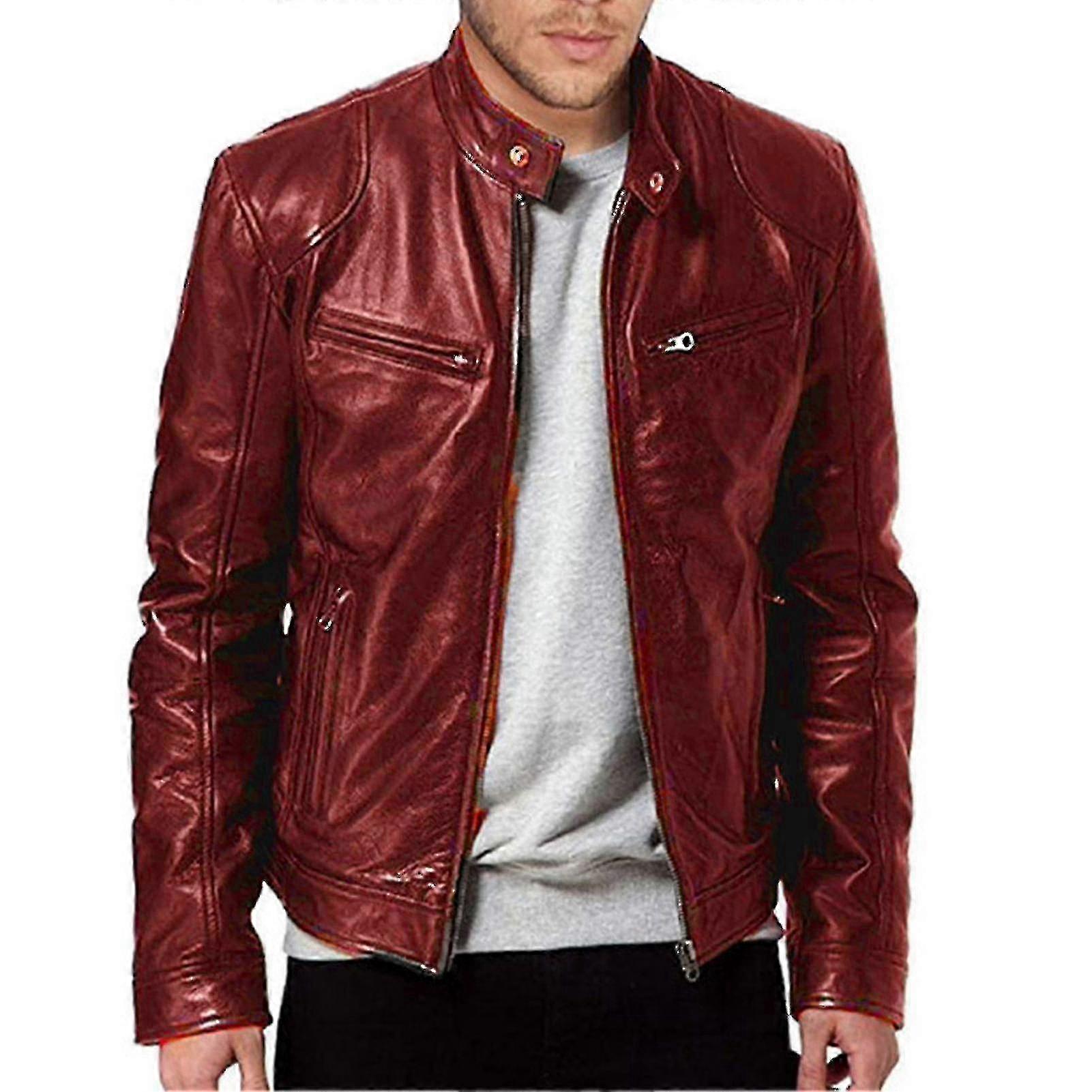 Classic Men's Leather Jacket with Front Zipper for Driving