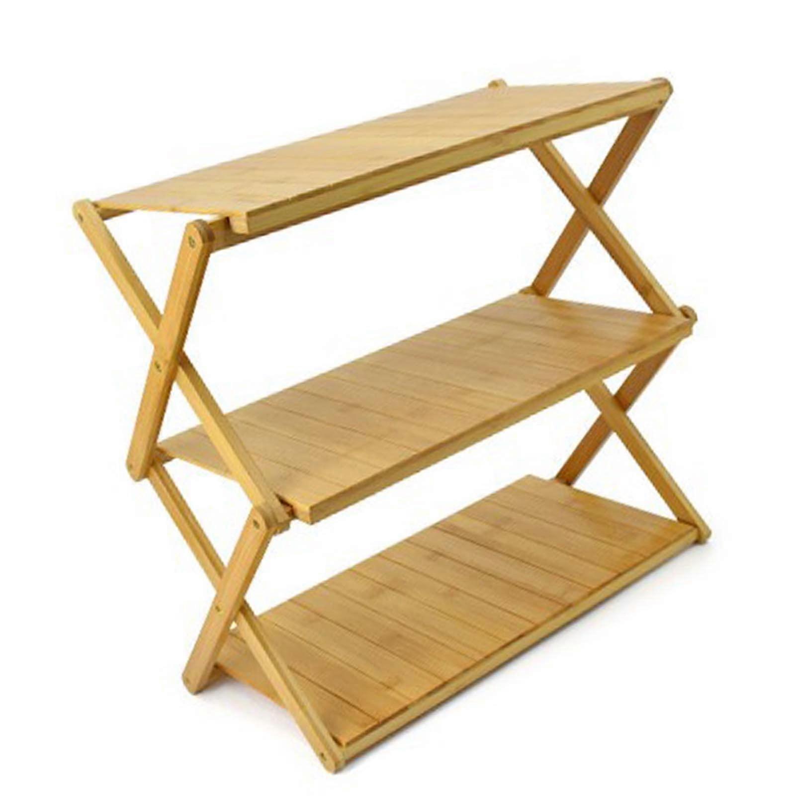 Folding Storage Rack 3 Layers Wood Multi-Layer Shelf Heavy Duty Load Bearing Portable for Outdoor Camping