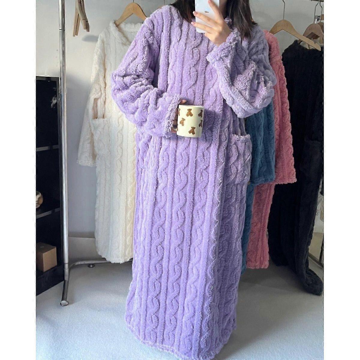 Women's Plush Long Robe Soft Bathrobe Button Up Housecoat Fuzzy Fleece Warm Winter Robe Sleepwear with Pockets