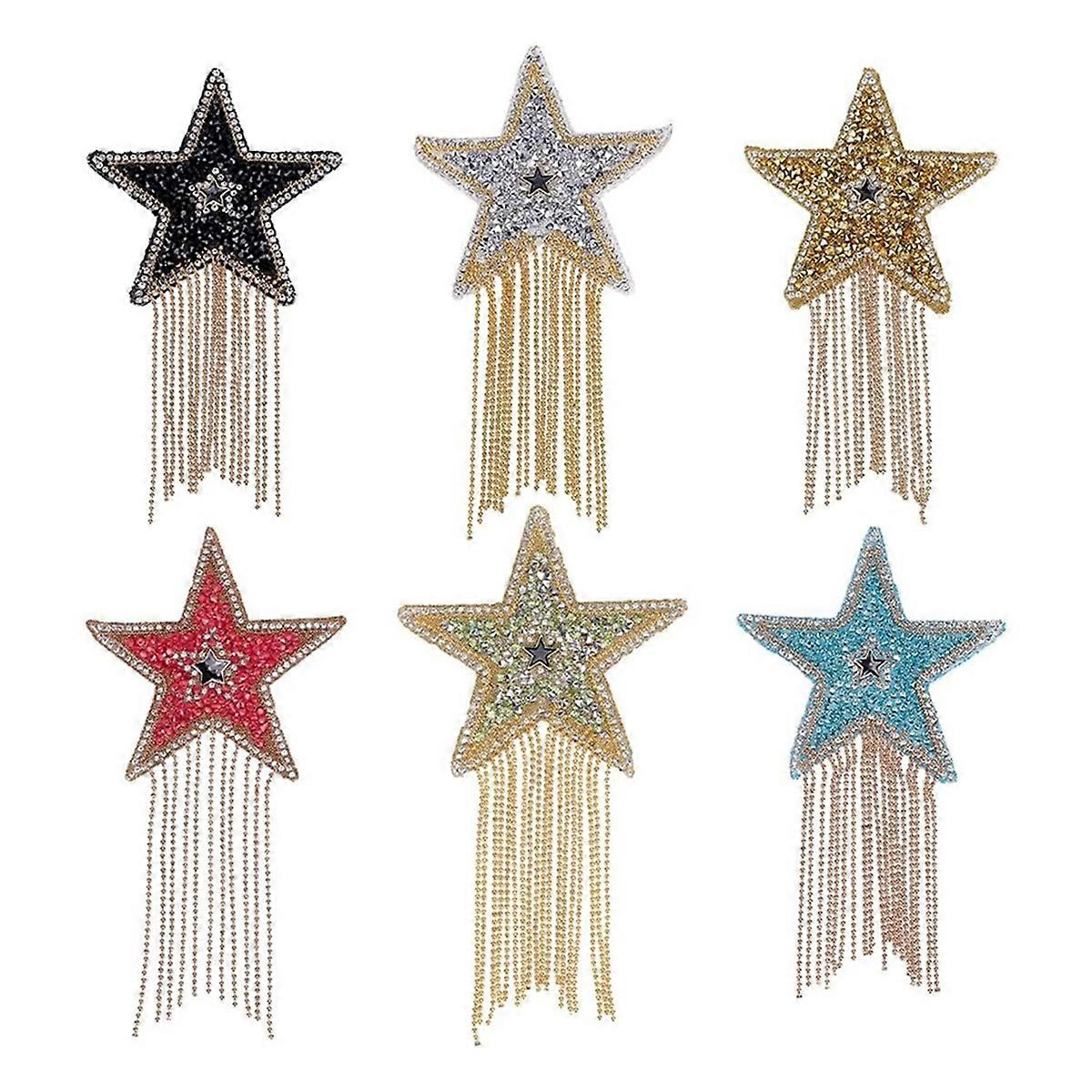 6pcs Star Rhinestone Patches with Chain Tassels Five-Pointed Star