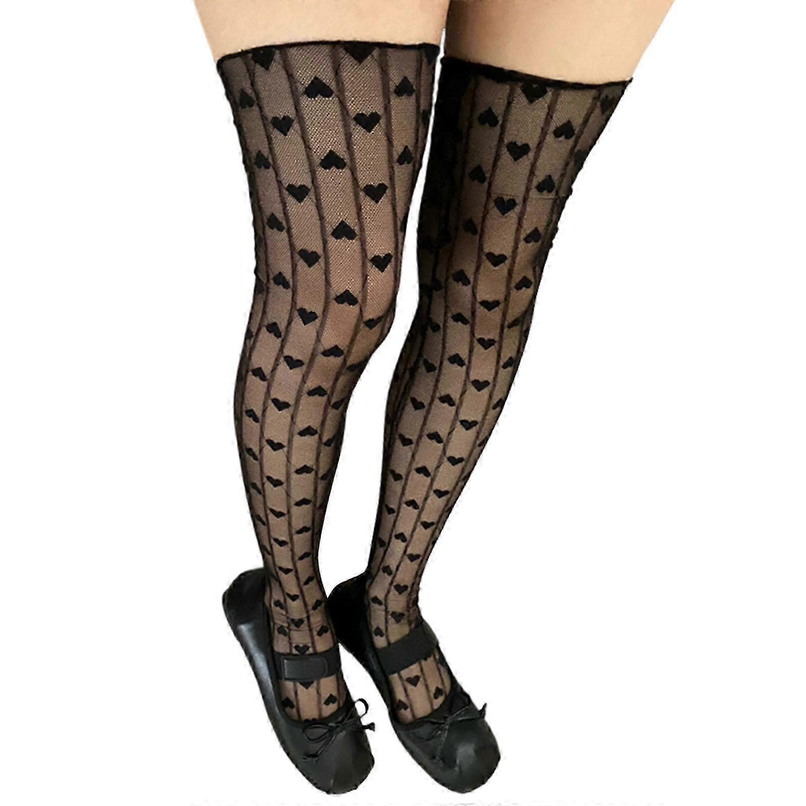 Frauen Schleifen Herz Gemustert Durchsichtige Spitze Netzstrümpfe Oberschenkelstrümpfe Süß ausgehöhltes Mesh-Netz über dem Knie Lange Socke