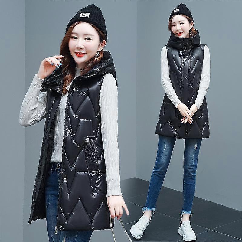 Autumn and Winter Women's Solid Color Hooded Loose Thickening Warm Mid-length Sleeveless Vest Women's Jacket