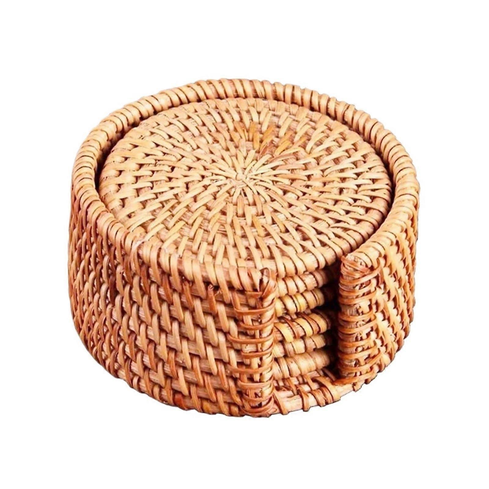 Rattan Coasters Set of 6, Woven Cotton and Rattan Round Drink Coasters for Teapot, Table Mat, and Bowl, 8cm